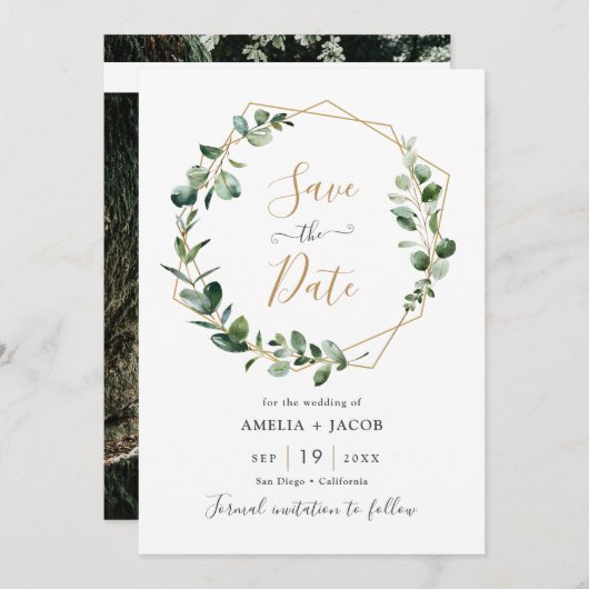 Greenery Eucalyptus Geometric Frame Save the Date Einladung (Vorne/Hinten)