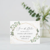 Greenery Eucalyptus Geometric Frame Save the Date Postkarte (Stehend Vorderseite)