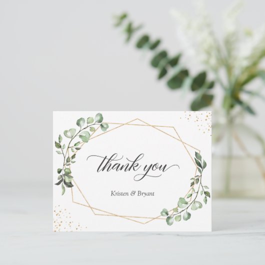 Greenery Eucalyptus Geometric Gold Frame Vielen Da Postkarte (Stehend Vorderseite)