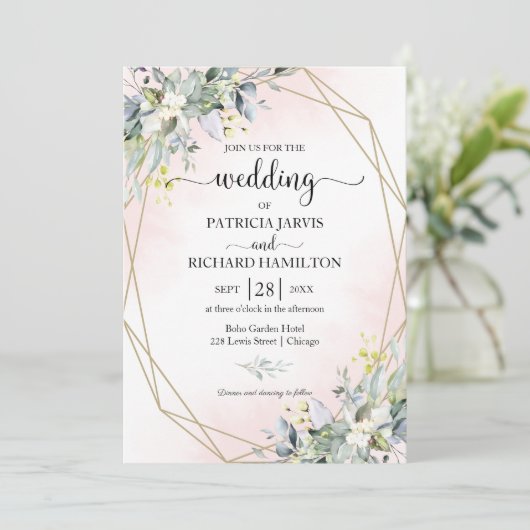 Greenery Eucalyptus Geometric Wedding Einladung (Stehend Vorderseite)