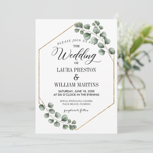 Greenery Eucalyptus Glitzer Geometric Wedding Einladung (Stehend Vorderseite)