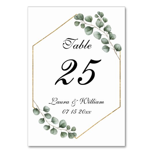 Greenery Eucalyptus Glitzer Geometric Wedding Tischnummer (Vorderseite)