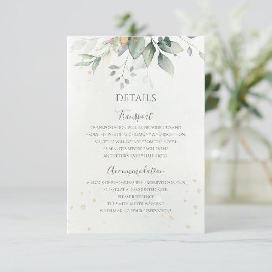 Greenery Eucalyptus Gold Blätter Elegante Hochzeit Begleitkarte (Stehend Vorderseite)