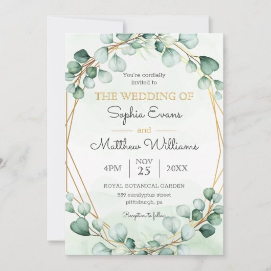 Greenery Eucalyptus Gold Frame Geometric Wedding Einladung (Vorderseite)