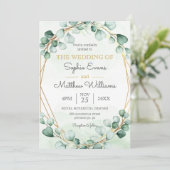 Greenery Eucalyptus Gold Frame Geometric Wedding Einladung (Stehend Vorderseite)