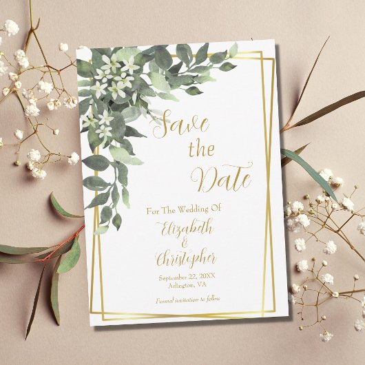 Greenery Eucalyptus Gold Frame QR Code Wedding Save The Date