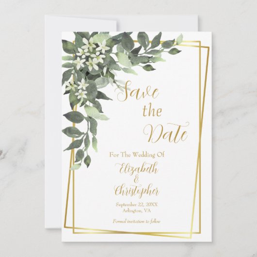 Greenery Eucalyptus Gold Frame QR Code Wedding Save The Date (Vorderseite)