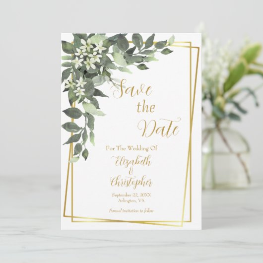 Greenery Eucalyptus Gold Frame QR Code Wedding Save The Date (Stehend Vorderseite)