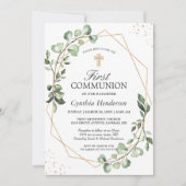 Greenery Eucalyptus Gold Geometric First Communion Einladung (Vorderseite)