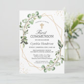 Greenery Eucalyptus Gold Geometric First Communion Einladung (Stehend Vorderseite)