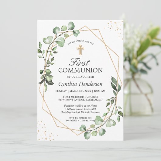 Greenery Eucalyptus Gold Geometric First Communion Einladung (Stehend Vorderseite)
