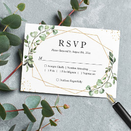 Greenery Eucalyptus Gold Geometric Frame Wedding RSVP Karte