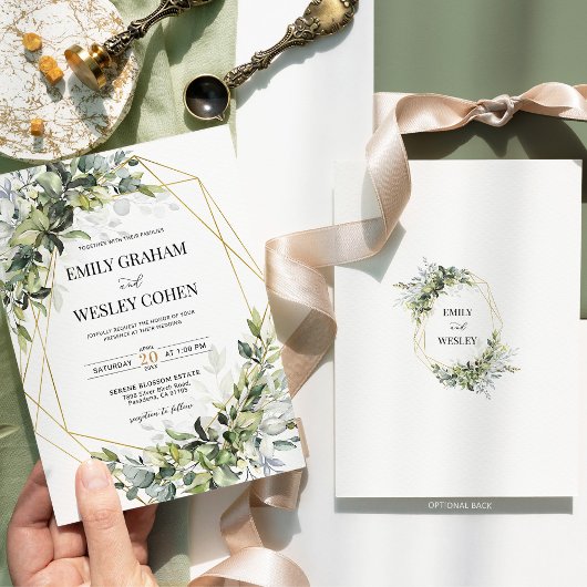 Greenery Eucalyptus Gold Geometric Wedding Einladung