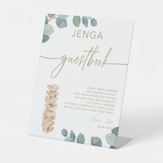 Greenery Eucalyptus Gold Jenga Gästebuch Hochzeit Sockelschild (Vorderseite)