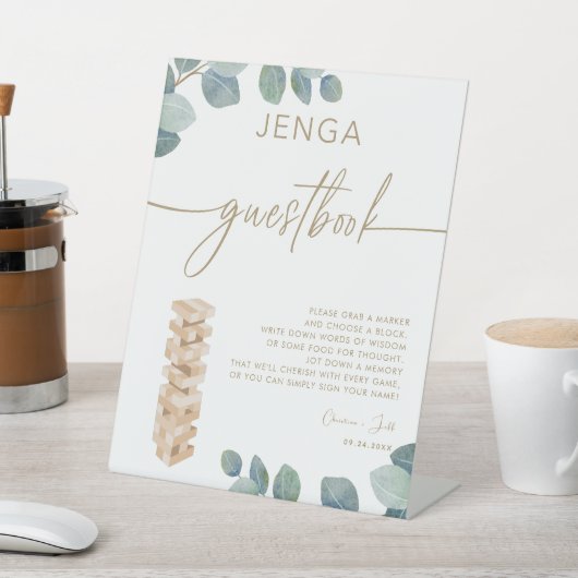 Greenery Eucalyptus Gold Jenga Gästebuch Hochzeit Sockelschild (In SItu)