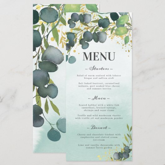 Greenery Eucalyptus Gold Wedding Menu Menükarte (Vorne/Hinten)