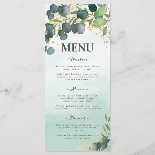 Greenery Eucalyptus Gold Wedding Menu Menükarte (Vorderseite)
