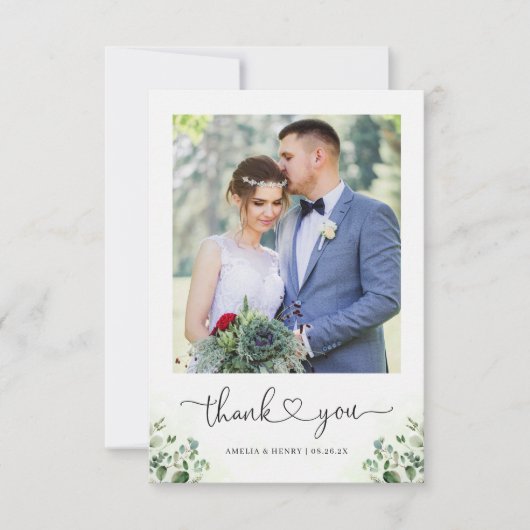 Greenery Eucalyptus Heart Script Wedding Foto Dankeskarte (Vorderseite)