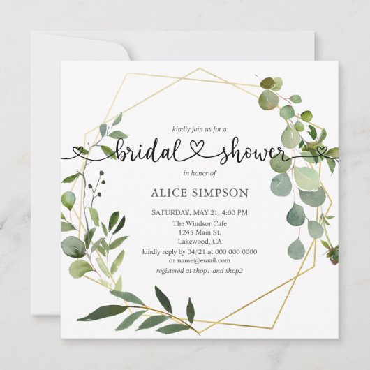 Greenery Eucalyptus Herzenskript-Brautparty Einladung (Vorderseite)