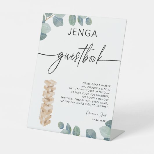 Greenery Eucalyptus Jenga Gästebuch Wedding Sign Sockelschild (Vorderseite)