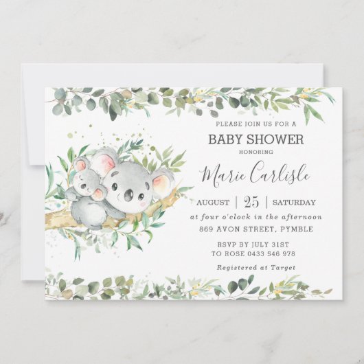 Greenery Eucalyptus Koala Neutral Baby Shower Boy Einladung (Vorderseite)