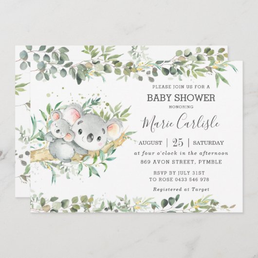 Greenery Eucalyptus Koala Neutral Baby Shower Boy Einladung (Vorne/Hinten)