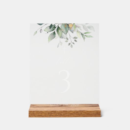 Greenery, Eucalyptus Leaves, Baptism Table Numbers Acrylschild (Vorderseite)