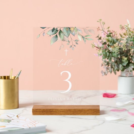 Greenery, Eucalyptus Leaves, Baptism Table Numbers Acrylschild (Hochzeit)