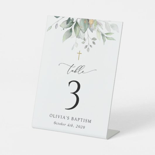 Greenery, Eucalyptus Leaves, Baptism Table Numbers Sockelschild (Vorderseite)