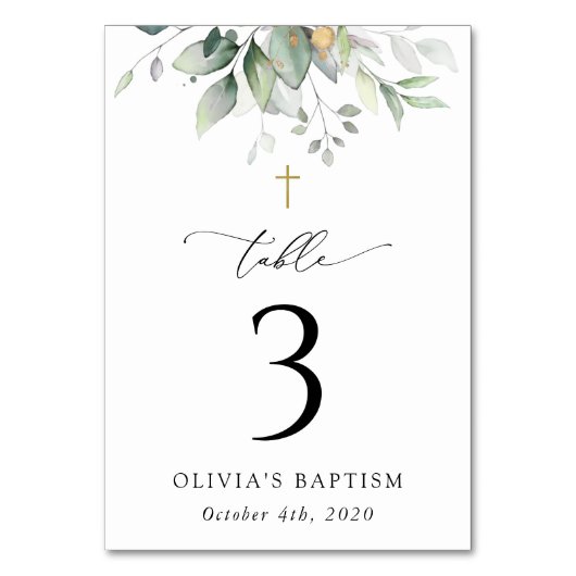 Greenery, Eucalyptus Leaves, Baptism Table Numbers Tischnummer (Rückseite)