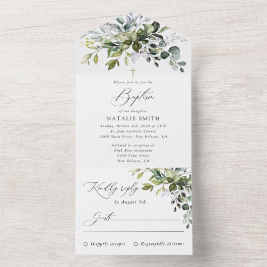 Greenery, Eucalyptus Leaves, Boho, Baptism All In One Einladung (Innen Boden)