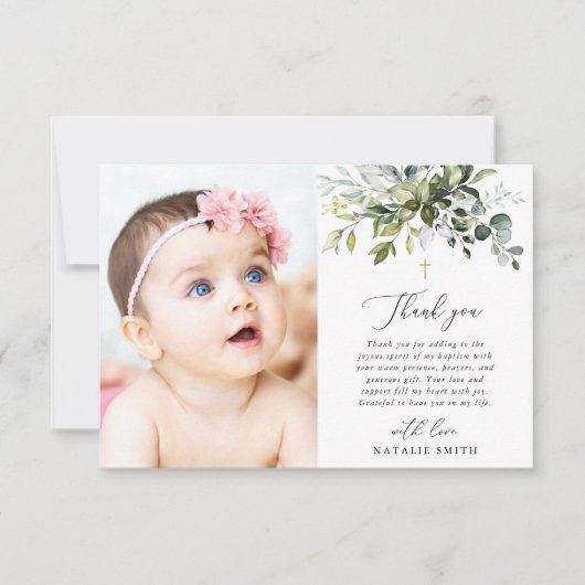 Greenery, Eucalyptus Leaves, Boho, Baptism Dankeskarte (Vorderseite)