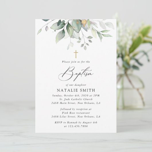 Greenery, Eucalyptus Leaves, Boho, Baptism Einladung (Stehend Vorderseite)