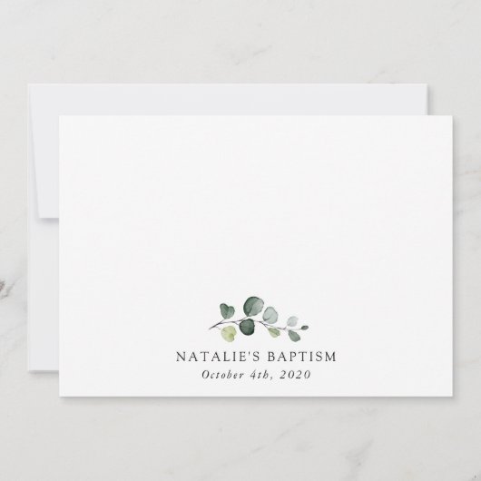 Greenery, Eucalyptus Leaves, Boho, Baptism Einladung (Rückseite)