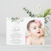 Greenery, Eucalyptus Leaves, Boho, Baptism Einladung (Stehend Vorderseite)
