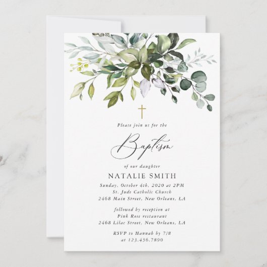 Greenery, Eucalyptus Leaves, Boho, Baptism Einladung (Vorderseite)