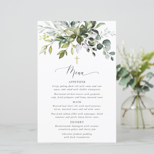Greenery, Eucalyptus Leaves, Boho, Baptism Menu (Stehend Vorderseite)