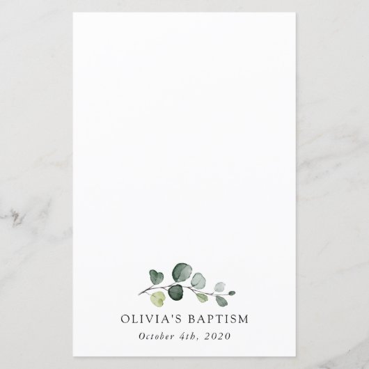 Greenery, Eucalyptus Leaves, Boho, Baptism Menu (Rückseite)