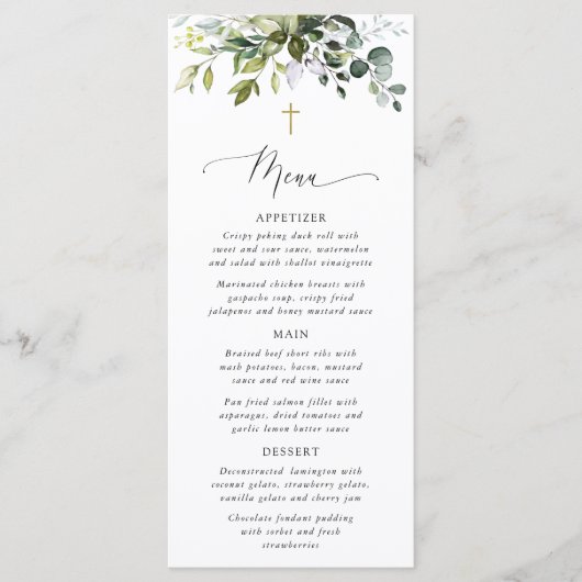 Greenery, Eucalyptus Leaves, Boho, Baptism Menu Menükarte (Vorderseite)