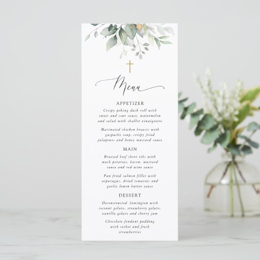 Greenery, Eucalyptus Leaves, Boho, Baptism Menu Menükarte (Stehend Vorderseite)