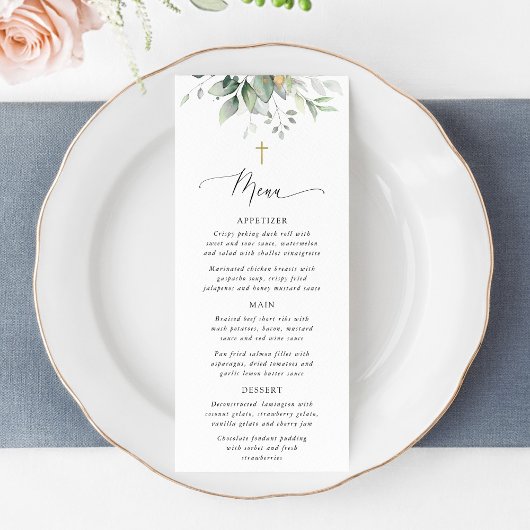 Greenery, Eucalyptus Leaves, Boho, Baptism Menu Menükarte