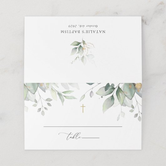 Greenery, Eucalyptus Leaves, Boho, Baptism Platzkarte (Außenseite Aufgefaltet)