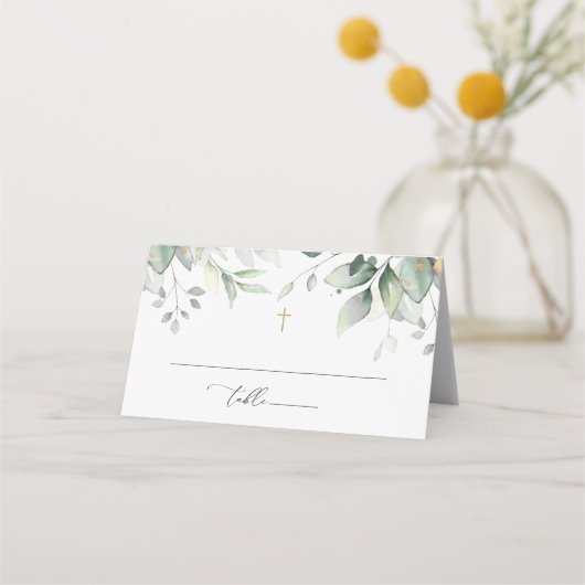 Greenery, Eucalyptus Leaves, Boho, Baptism Platzkarte (Vorderseite)