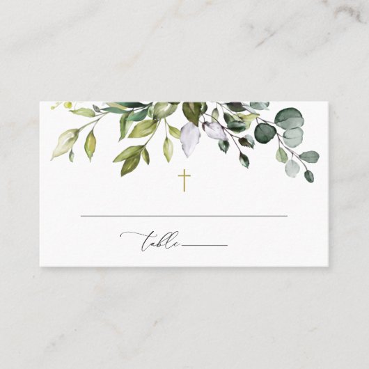 Greenery, Eucalyptus Leaves, Boho, Baptism Platzkarte (Vorderseite)