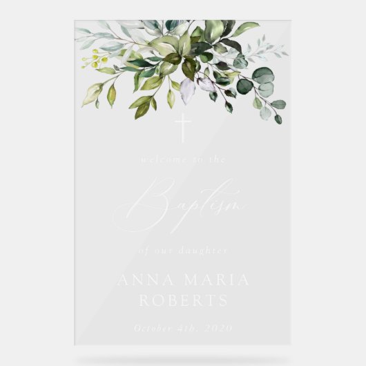 Greenery, Eucalyptus Leaves, Boho, Baptism Welcome Acrylschild (Vorderseite)