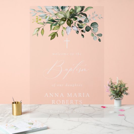 Greenery, Eucalyptus Leaves, Boho, Baptism Welcome Acrylschild (Hochzeit)