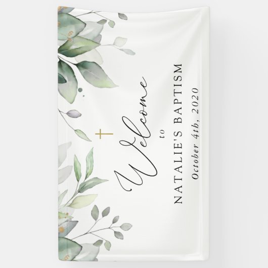Greenery, Eucalyptus Leaves, Boho, Baptism Welcome Banner (Vertikal)
