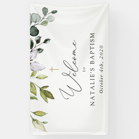 Greenery, Eucalyptus Leaves, Boho, Baptism Welcome Banner (Vertikal)