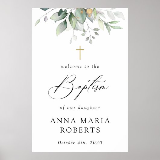 Greenery, Eucalyptus Leaves, Boho, Baptism Welcome Poster (Vorne)