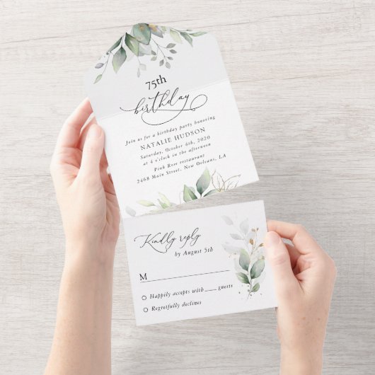 Greenery, Eucalyptus Leaves, Boho, Birthday All In One Einladung (Abreißen)